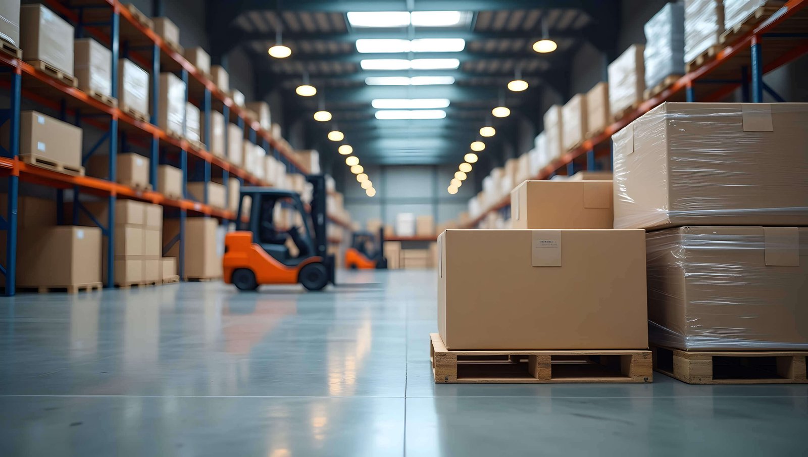 Warehouse aisles with stored goods